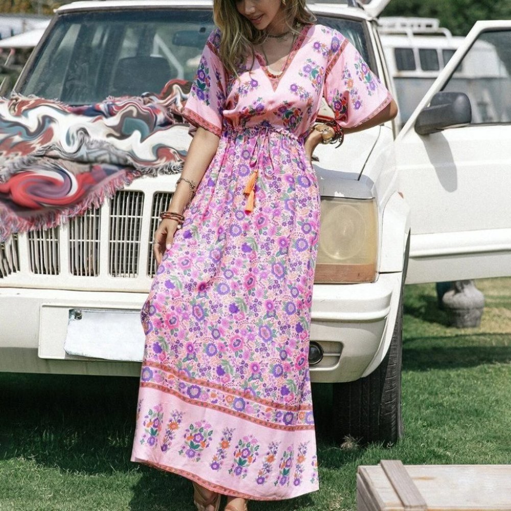 Floral Trumpet Sleeve Split Thigh Drawstring Waist Maxi Dress - Picture 5 of 9